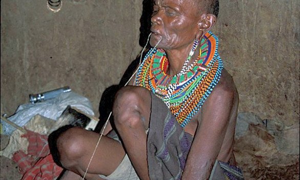 Pripadnica sorodnega plemena Masaiem, Samburu, v hiški iz kravjekov